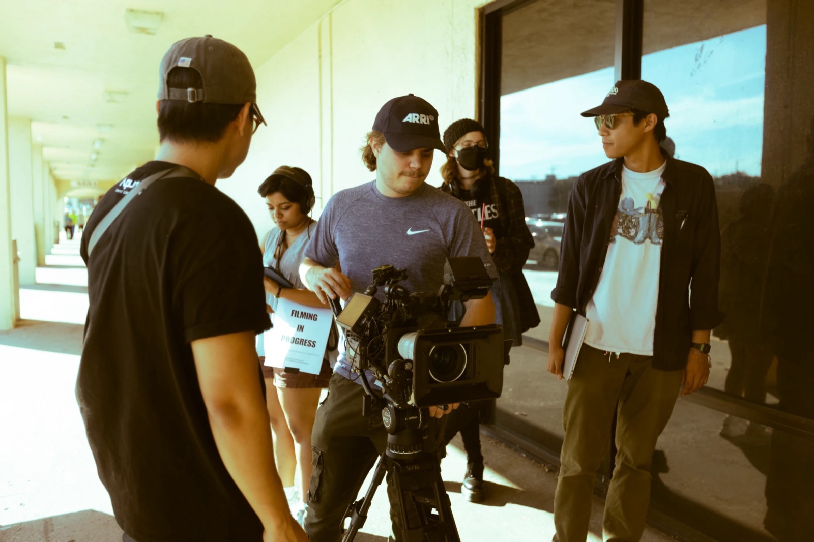 Nick and crew filming on location with an ARRI camera rig
